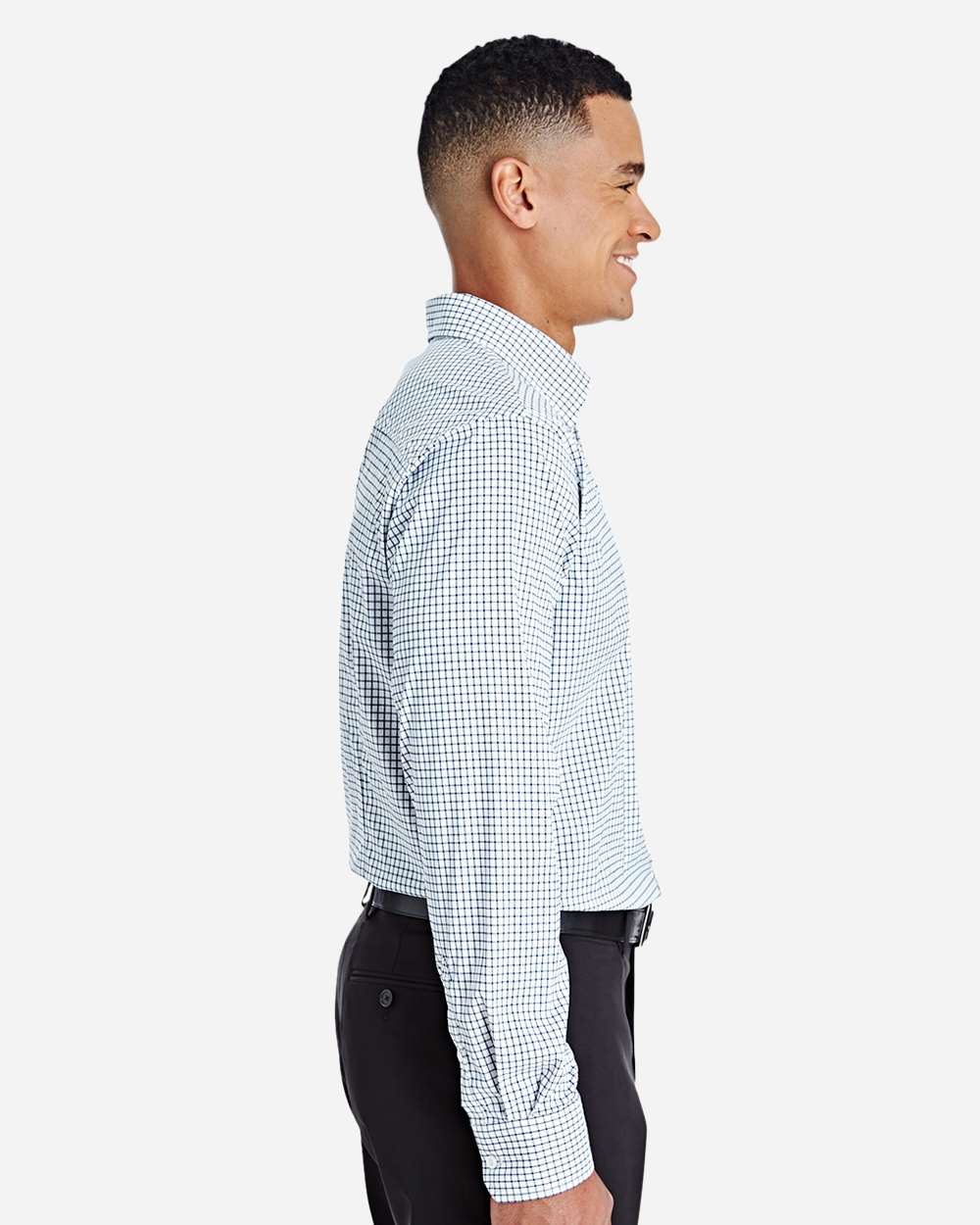Men's CrownLux Performance® Micro Windowpane Woven Dress Shirt - OnModelSide - B687B2653 - Navy/ White