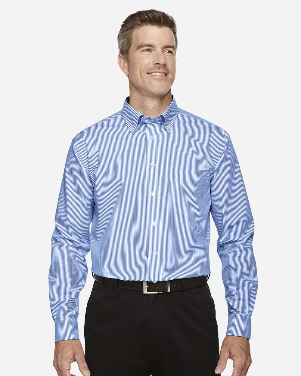 Men's Crown Collection® Banker Stripe Woven Dress Shirt - OnModelFront - B606B2253 - French Blue