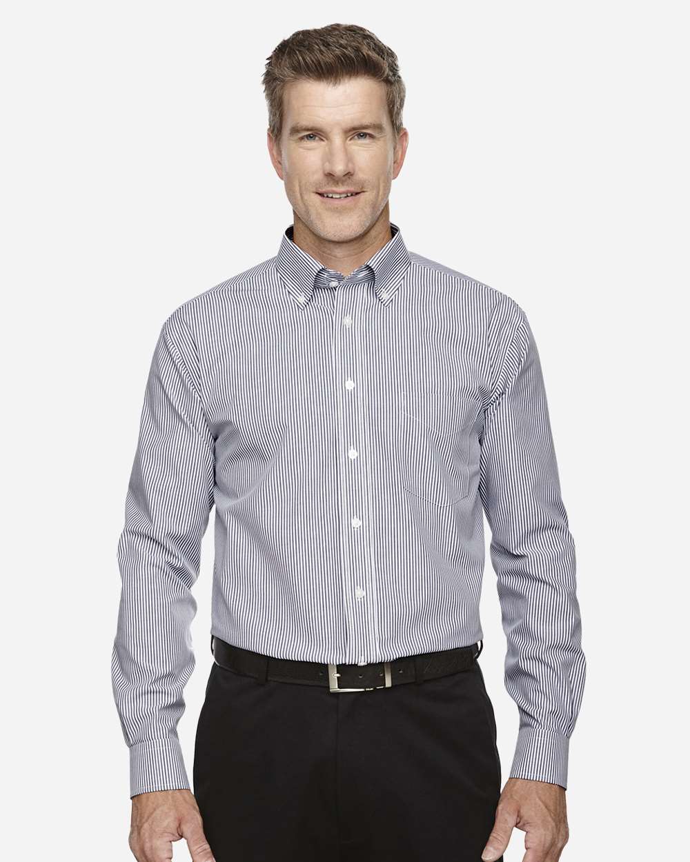 Men's Crown Collection® Banker Stripe Woven Dress Shirt - OnModelFront - B606B2653 - Navy
