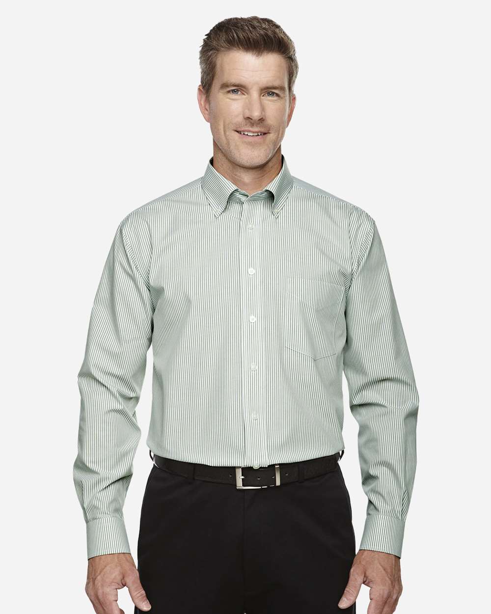 Men's Crown Collection® Banker Stripe Woven Dress Shirt - OnModelFront - B606B2663 - Dill