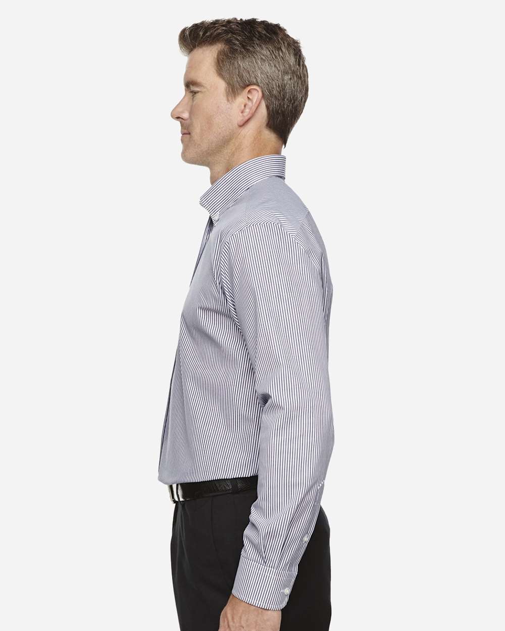 Men's Crown Collection® Banker Stripe Woven Dress Shirt - OnModelSide - B606B2653 - Navy