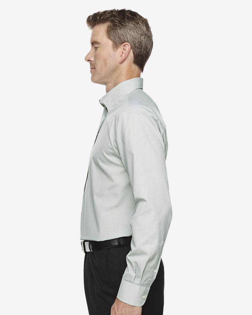 Men's Crown Collection® Banker Stripe Woven Dress Shirt - OnModelSide - B606B2663 - Dill