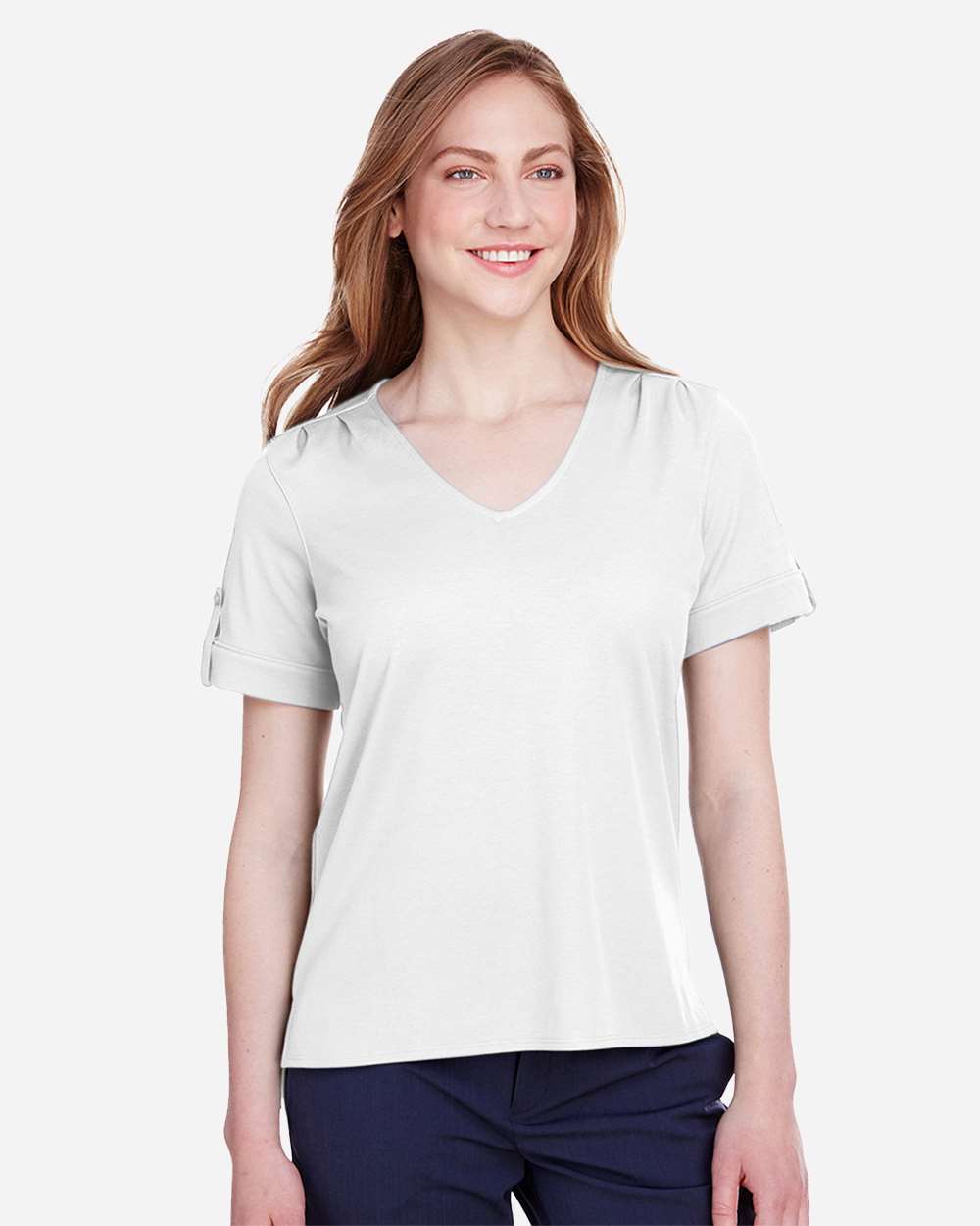 Women's CrownLux Performance® Plaited Rolled Sleeve Shirt - OnModelFront - B641B2002 - White