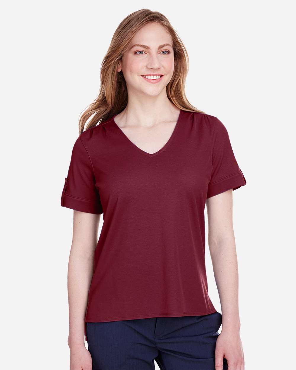 Women's CrownLux Performance® Plaited Rolled Sleeve Shirt - OnModelFront - B641B2322 - Burgundy