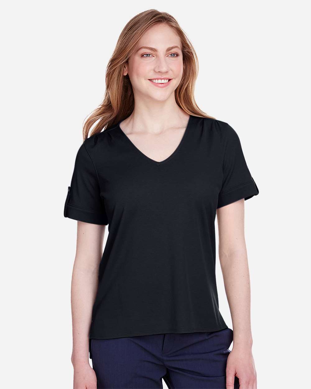 Women's CrownLux Performance® Plaited Rolled Sleeve Shirt - OnModelFront - B641B2502 - Black