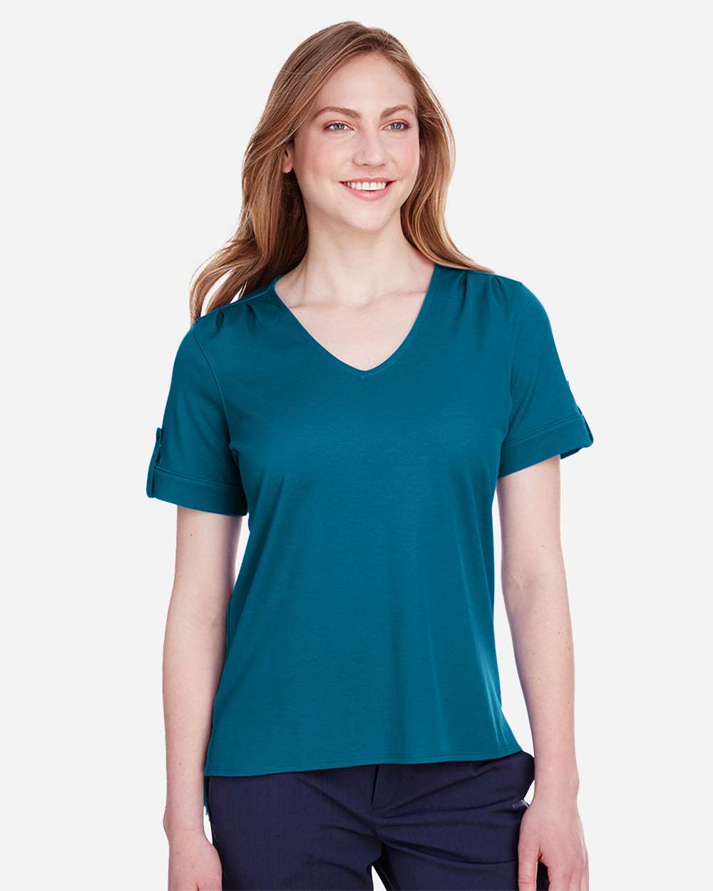 Women's CrownLux Performance® Plaited Rolled Sleeve Shirt - OnModelFront - B641B2782 - Dark Teal