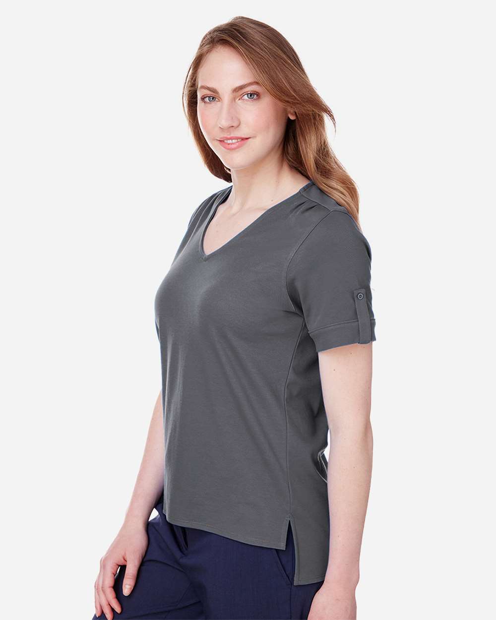 Women's CrownLux Performance® Plaited Rolled Sleeve Shirt - OnModelSide - B641B2202 - Graphite