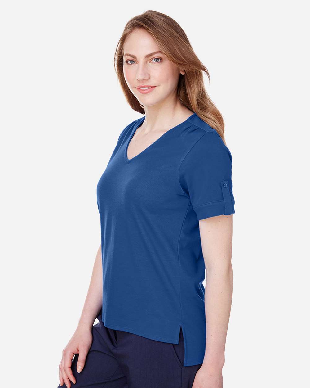 Women's CrownLux Performance® Plaited Rolled Sleeve Shirt - OnModelSide - B641B2752 - True Royal