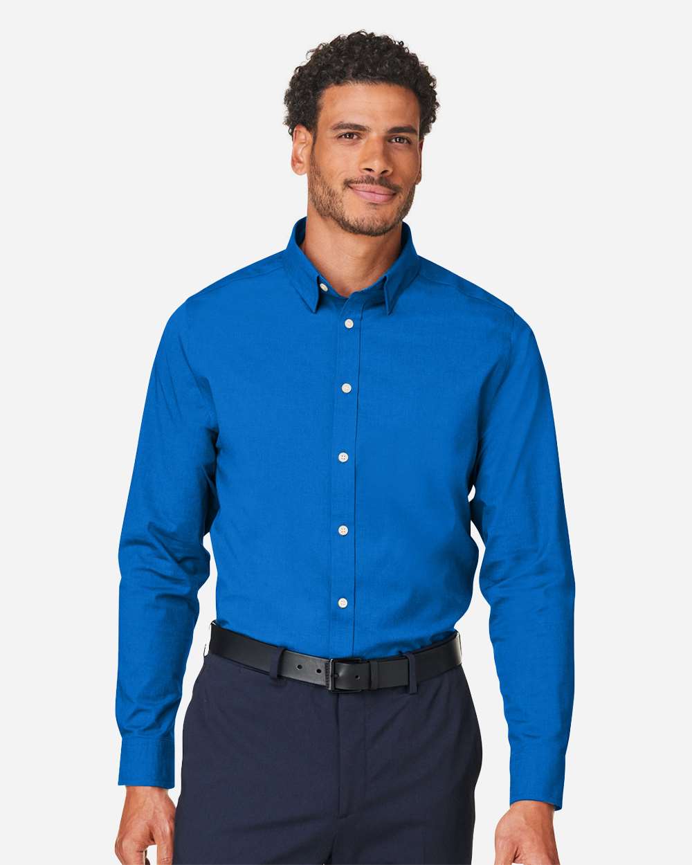 Men's CrownLux Performance® Spencer Poplin Dress Shirt - OnModelFront - B669B2253 - French Blue Melange