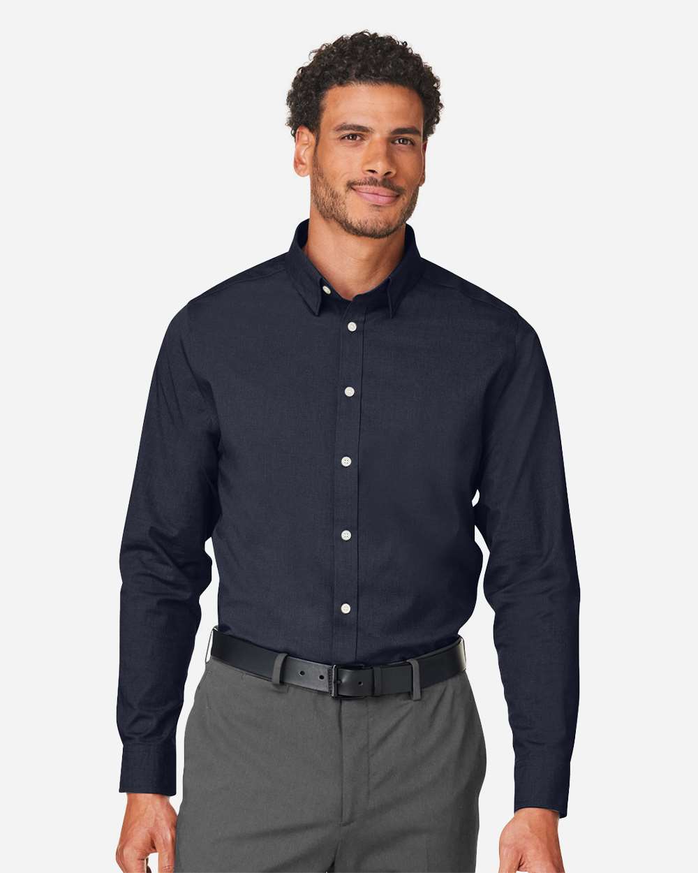 Men's CrownLux Performance® Spencer Poplin Dress Shirt - OnModelFront - B669B2653 - Navy Melange