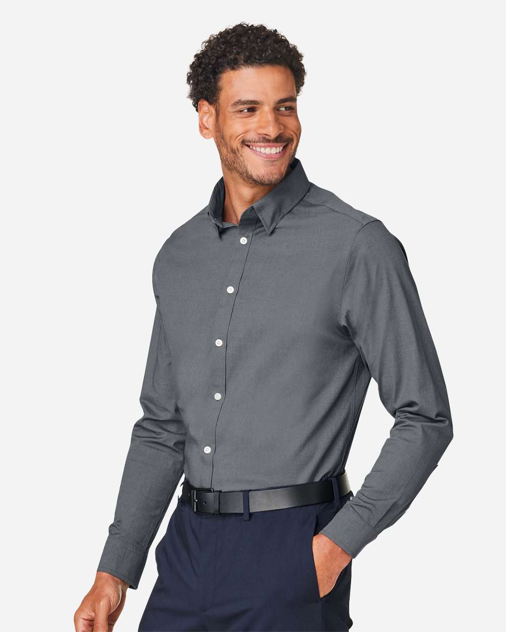 Men's CrownLux Performance® Spencer Poplin Dress Shirt - OnModelSide - B669B2133 - Graphite Melange