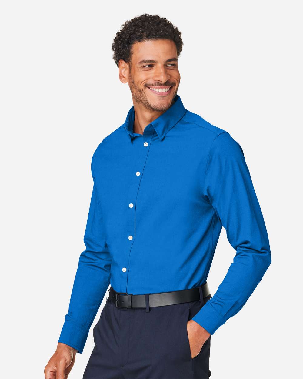 Men's CrownLux Performance® Spencer Poplin Dress Shirt - OnModelSide - B669B2253 - French Blue Melange
