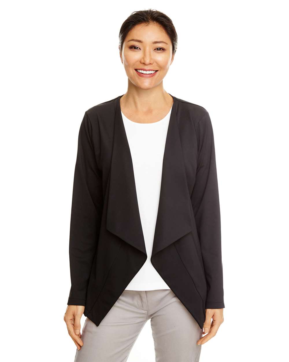 Women's Perfect Fit™ Draped Open Blazer - OnModelFront - B727B2502 - Black