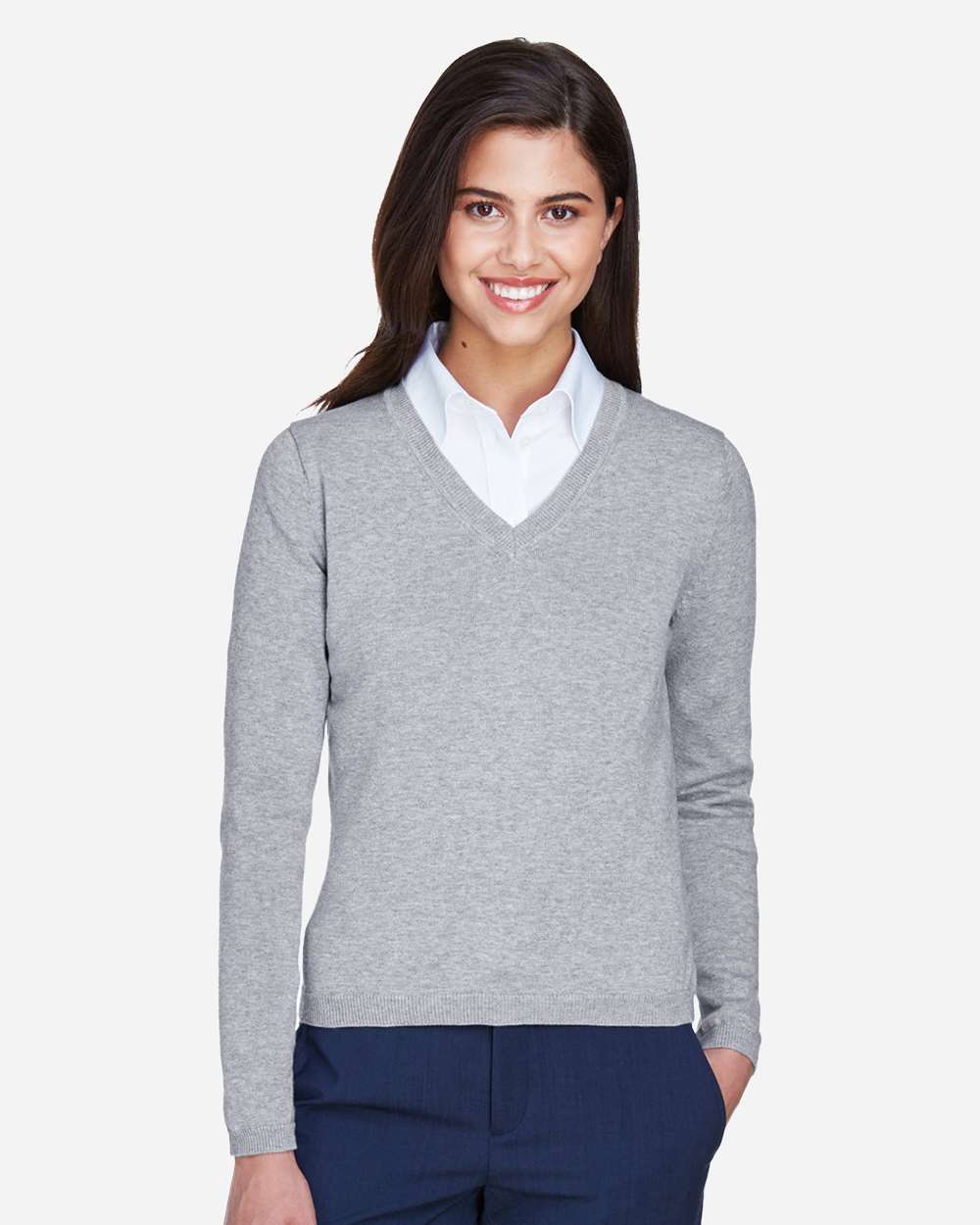 Women's V-Neck Sweater - OnModelFront - B806B2354 - Grey Heather
