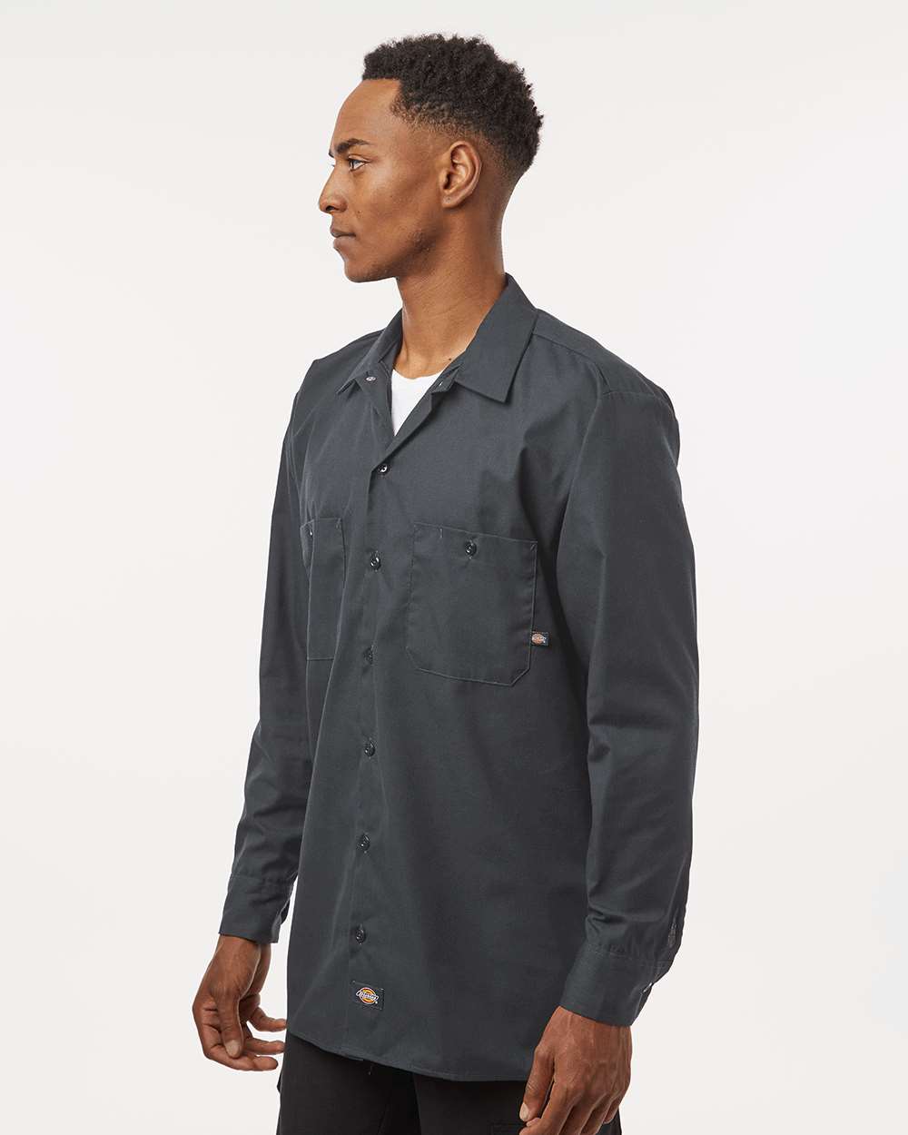 Men's Industrial Long Sleeve Work Shirt - OnModelSide - B09830093 - Dark Charcoal