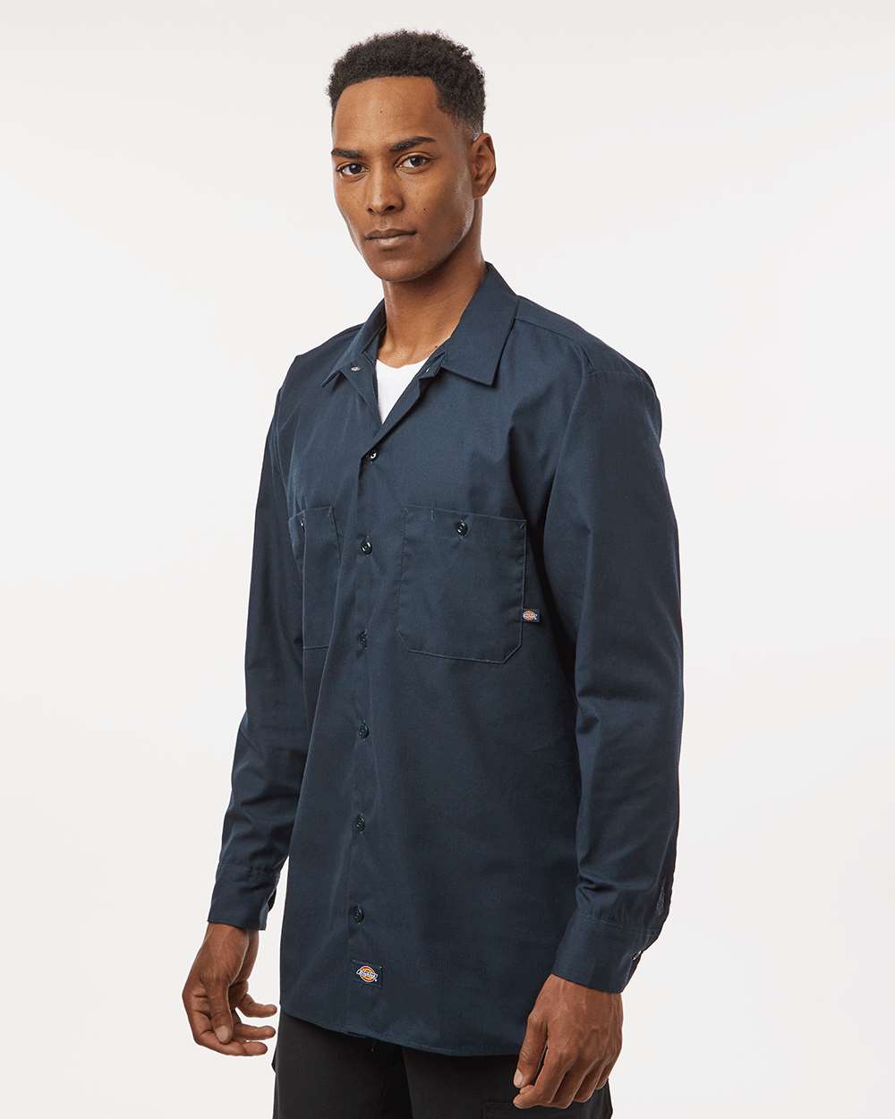 Men's Industrial Long Sleeve Work Shirt - OnModelSide - B09830863 - Dark Navy