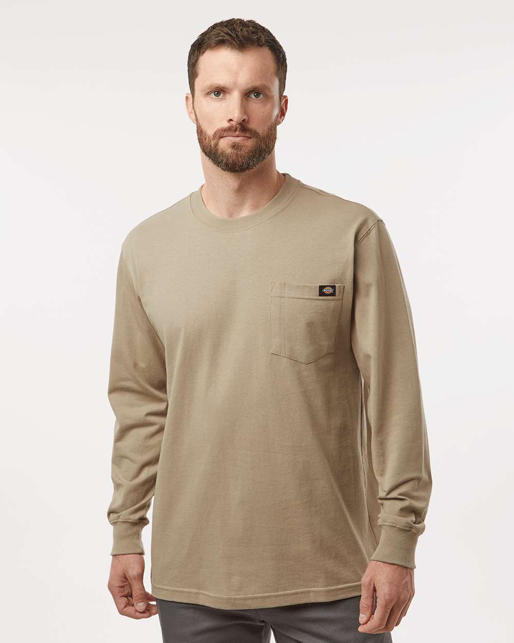 Men's Traditional Heavyweight Long Sleeve T-Shirt - OnModelFront - B08130733 - Desert Sand