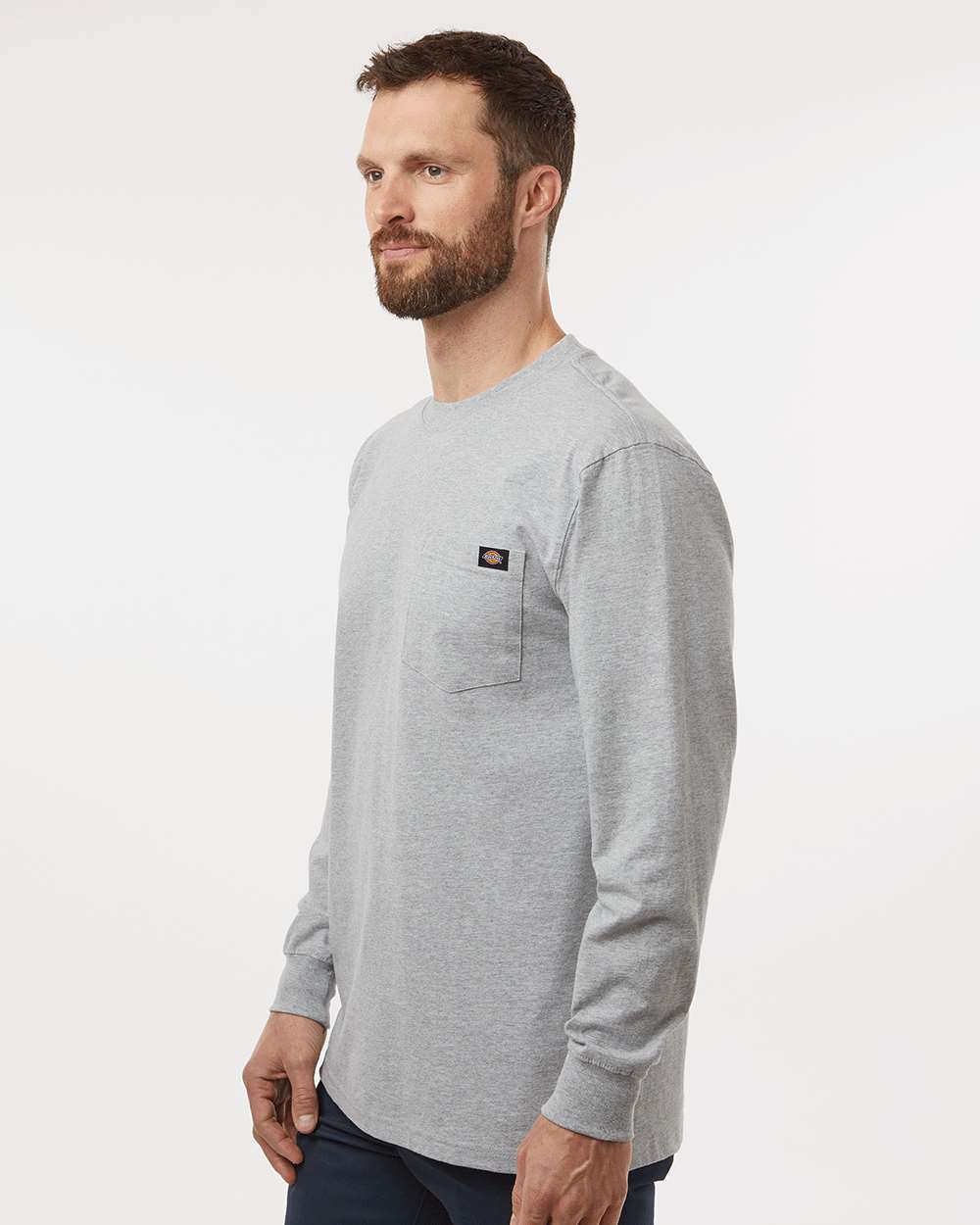 Men's Traditional Heavyweight Long Sleeve T-Shirt - OnModelSide - B08130583 - Heather Grey