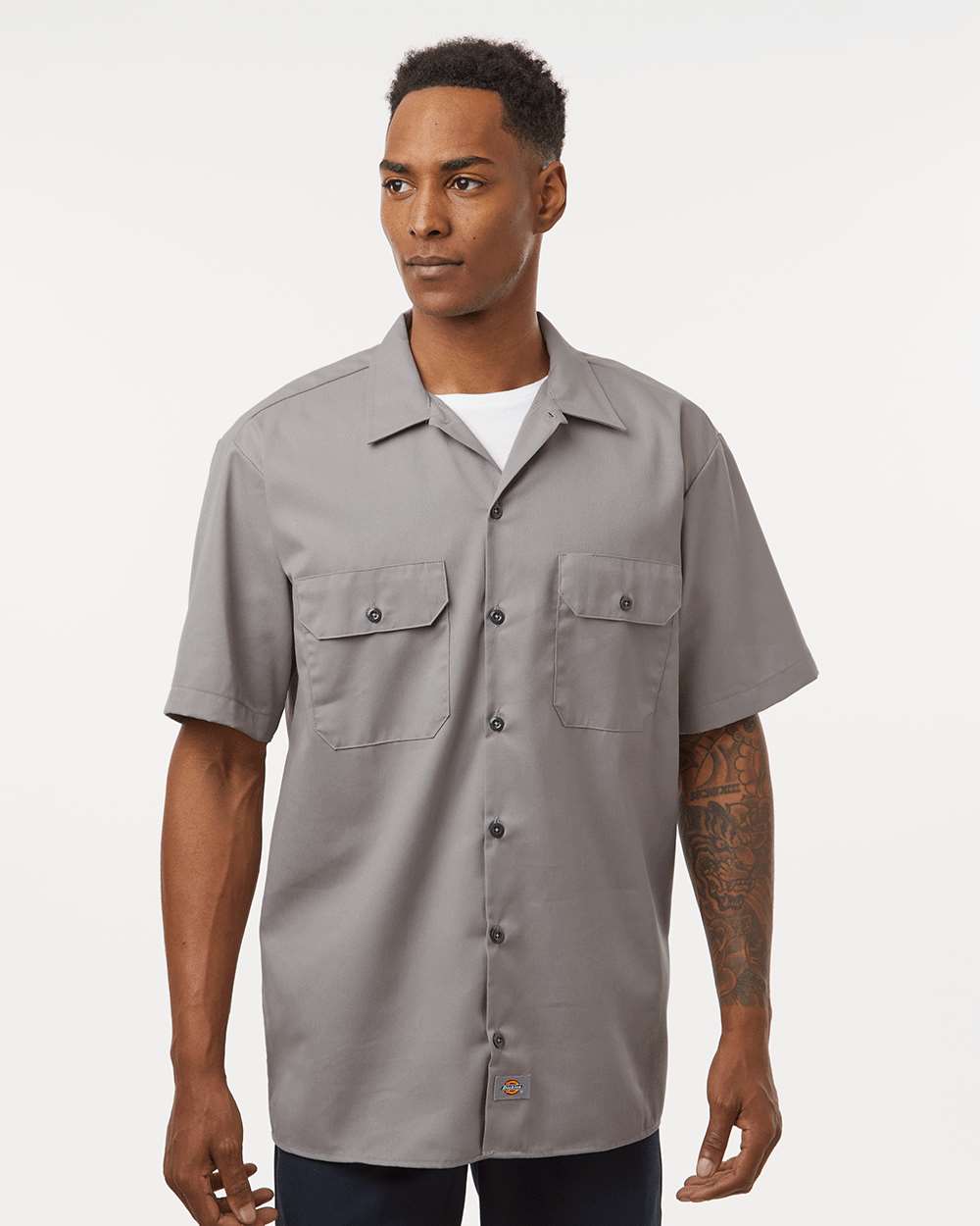 Men's Short Sleeve Work Shirt - OnModelFront - B61630353 - Silver Grey
