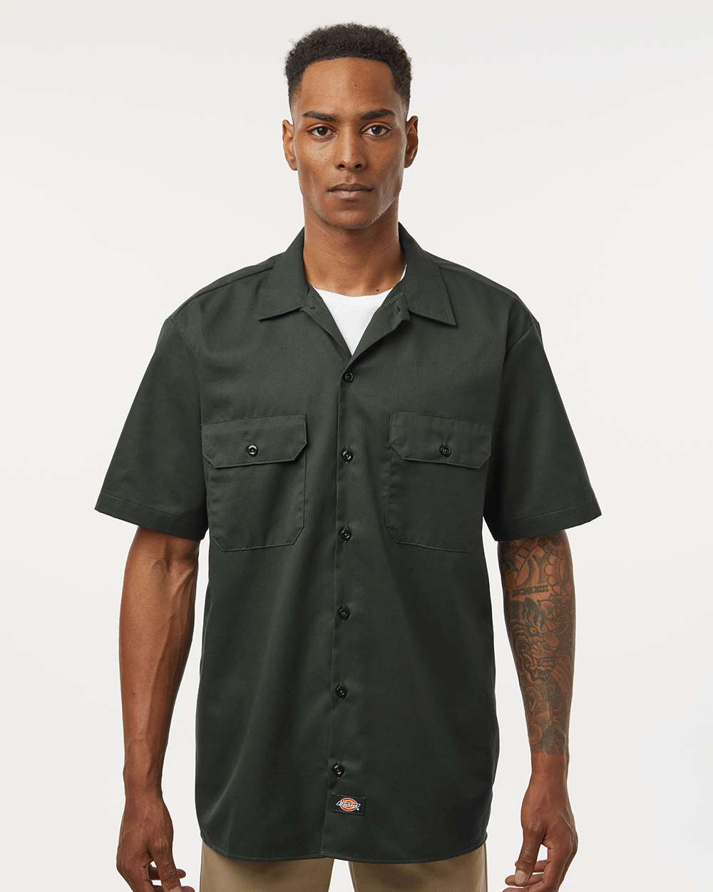 Men's Short Sleeve Work Shirt - OnModelFront - B61630643 - Olive Green