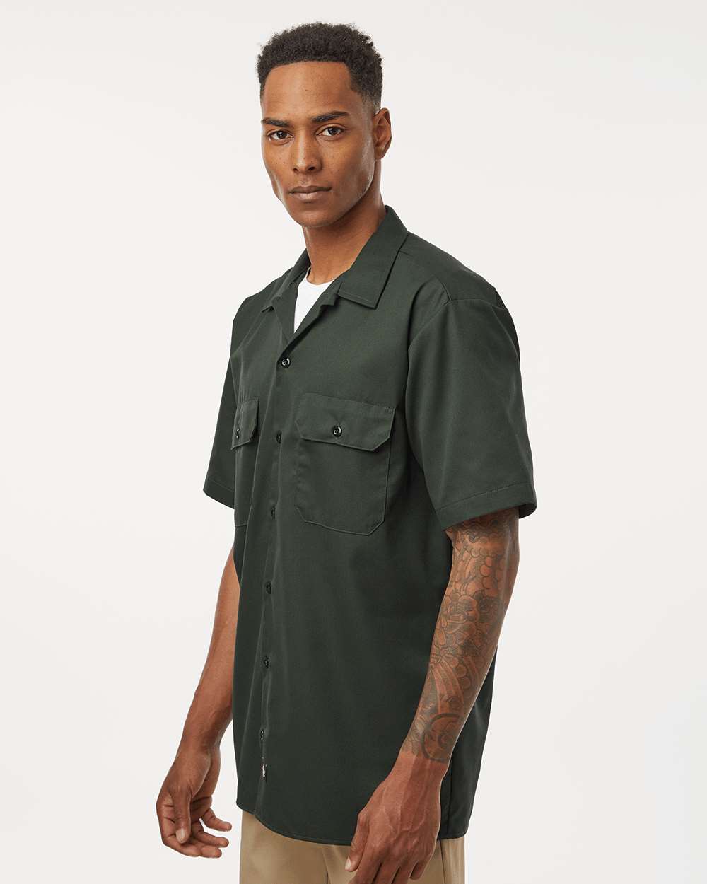 Men's Short Sleeve Work Shirt - OnModelSide - B61630643 - Olive Green