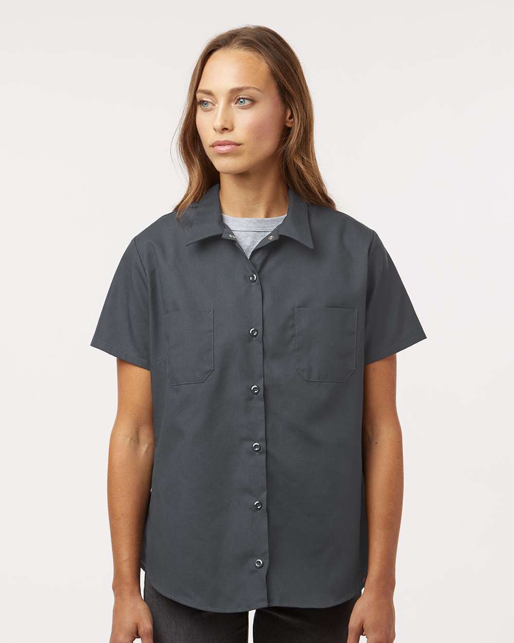 Women's Industrial Short Sleeve Work Shirt - OnModelFront - B73830093 - Dark Charcoal