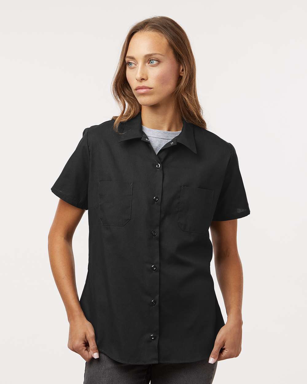 Women's Industrial Short Sleeve Work Shirt - OnModelFront - B73830503 - Black