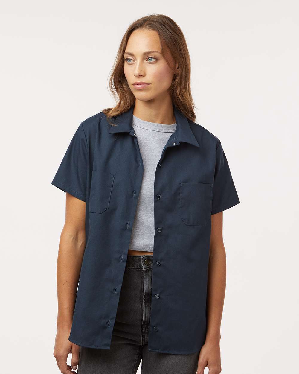 Women's Industrial Short Sleeve Work Shirt - OnModelFront - B73830863 - Dark Navy