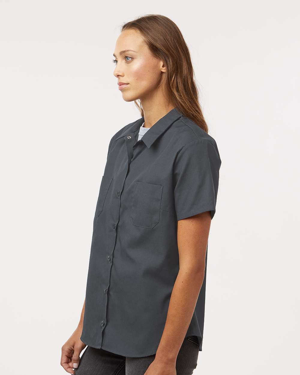 Women's Industrial Short Sleeve Work Shirt - OnModelSide - B73830093 - Dark Charcoal