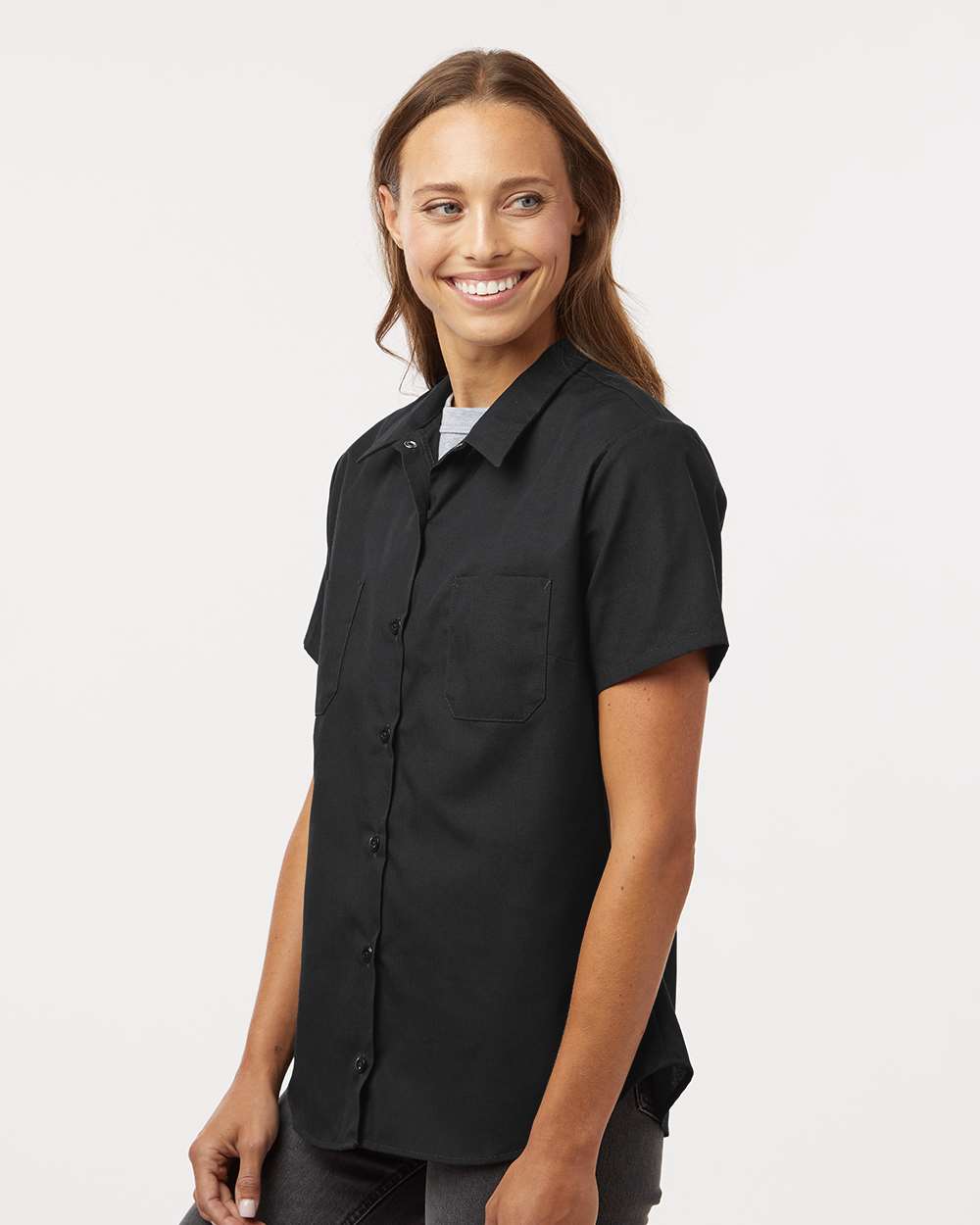 Women's Industrial Short Sleeve Work Shirt - OnModelSide - B73830503 - Black