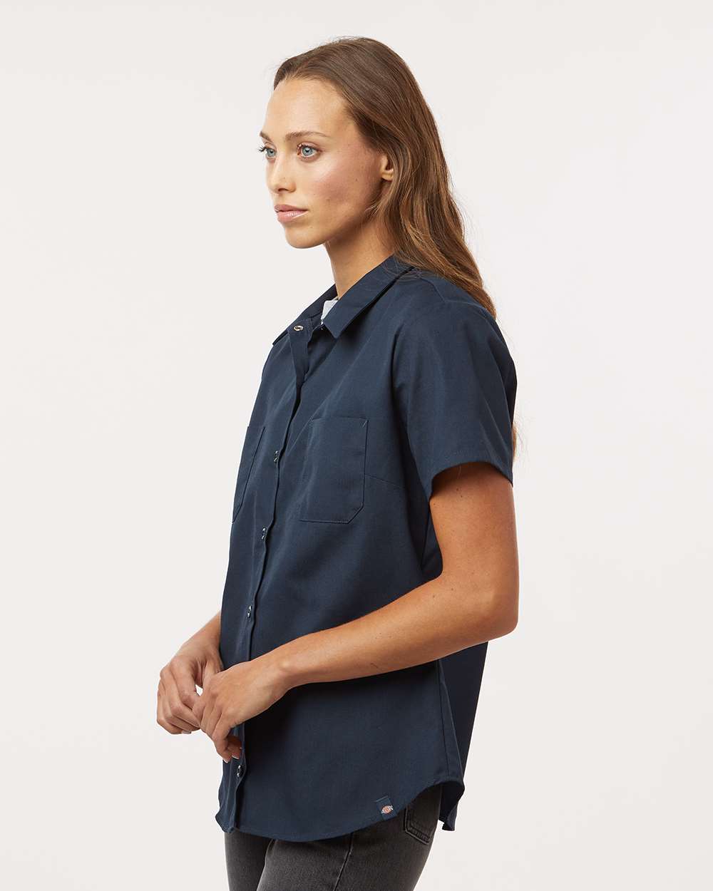 Women's Industrial Short Sleeve Work Shirt - OnModelSide - B73830863 - Dark Navy