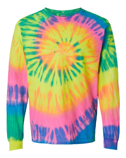 Multi-Color Spiral Tie-Dyed Long Sleeve T-Shirt - Front - B17814973 - Fluorescent Rainbow Spiral