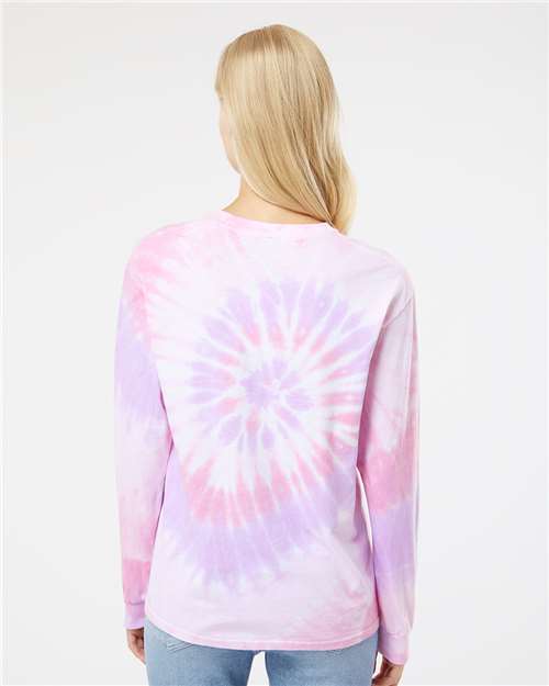 Multi-Color Spiral Tie-Dyed Long Sleeve T-Shirt - OnModelBack - B17814303 - Sweetheart