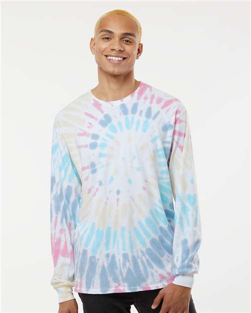 Multi-Color Spiral Tie-Dyed Long Sleeve T-Shirt - OnModelFront - B17814243 - Wanderlust