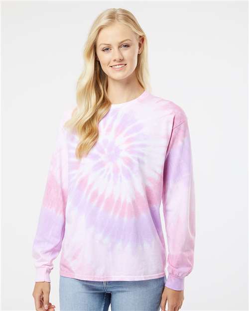 Multi-Color Spiral Tie-Dyed Long Sleeve T-Shirt - OnModelFront - B17814303 - Sweetheart