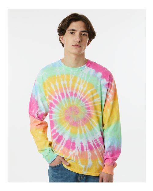 Multi-Color Spiral Tie-Dyed Long Sleeve T-Shirt - OnModelFront - B17814943 - Aerial Spiral