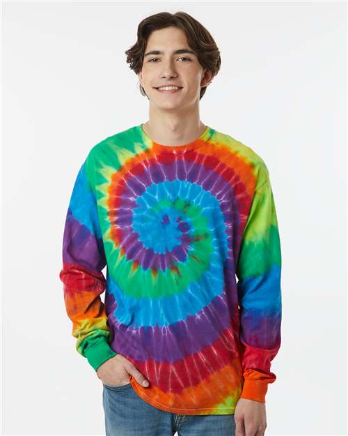 Multi-Color Spiral Tie-Dyed Long Sleeve T-Shirt - OnModelFront - B17814963 - Michelangelo Spiral