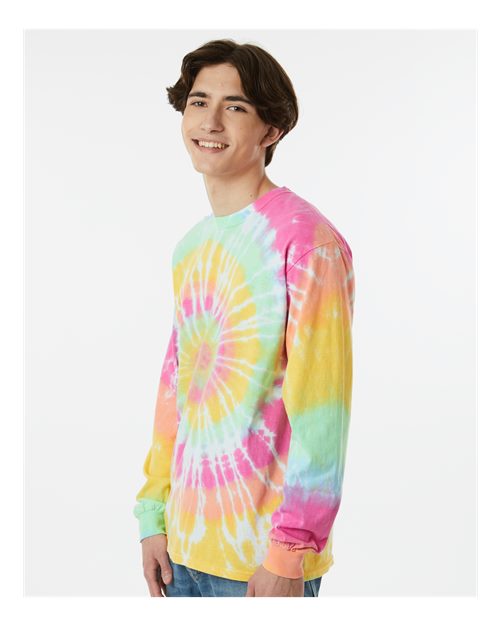 Multi-Color Spiral Tie-Dyed Long Sleeve T-Shirt - OnModelSide - B17814943 - Aerial Spiral