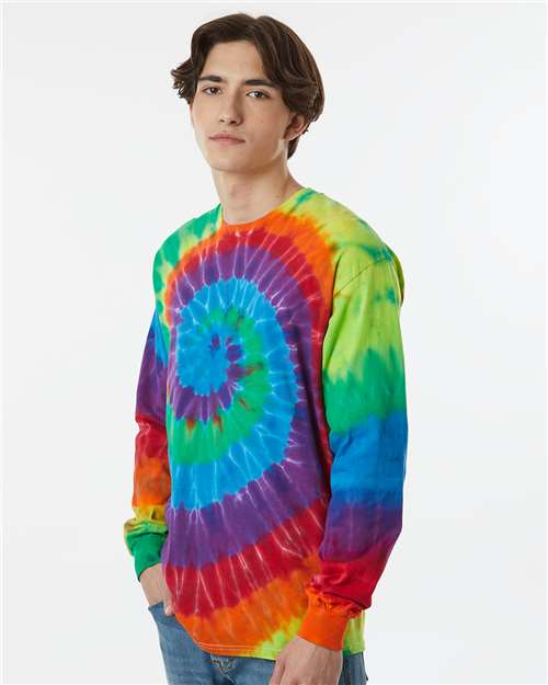 Multi-Color Spiral Tie-Dyed Long Sleeve T-Shirt - OnModelSide - B17814963 - Michelangelo Spiral