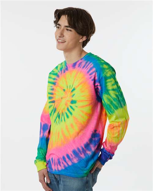 Multi-Color Spiral Tie-Dyed Long Sleeve T-Shirt - OnModelSide - B17814973 - Fluorescent Rainbow Spiral