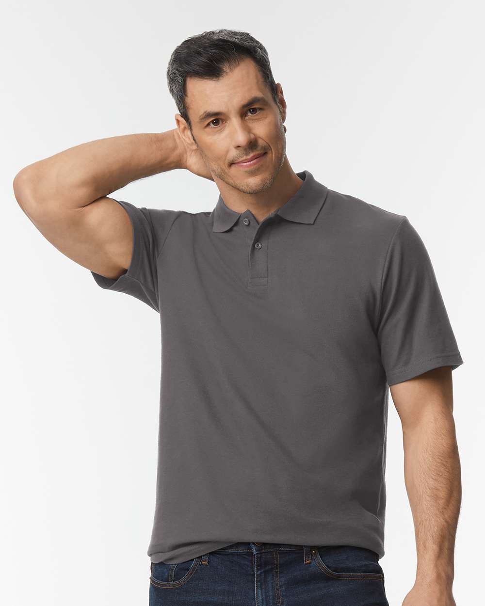 Men's Softstyle® Pique Polo - OnModelFront - B00460093 - Charcoal