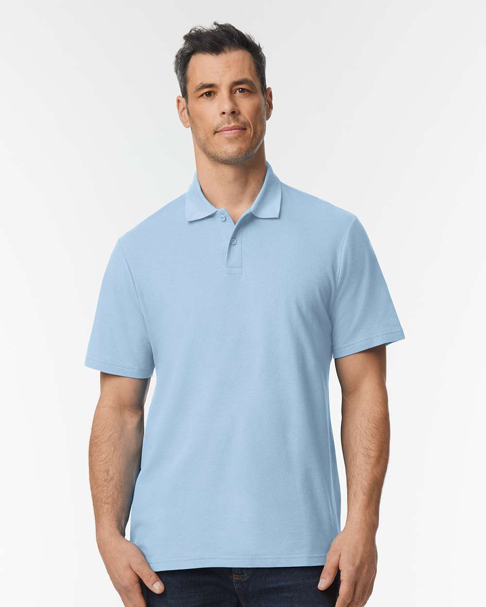 Men's Softstyle® Pique Polo - OnModelFront - B00460253 - Light Blue