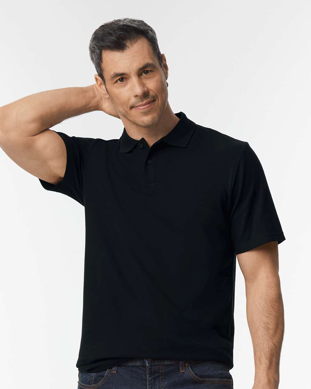 Men's Softstyle® Pique Polo - OnModelFront - B00460503 - Black