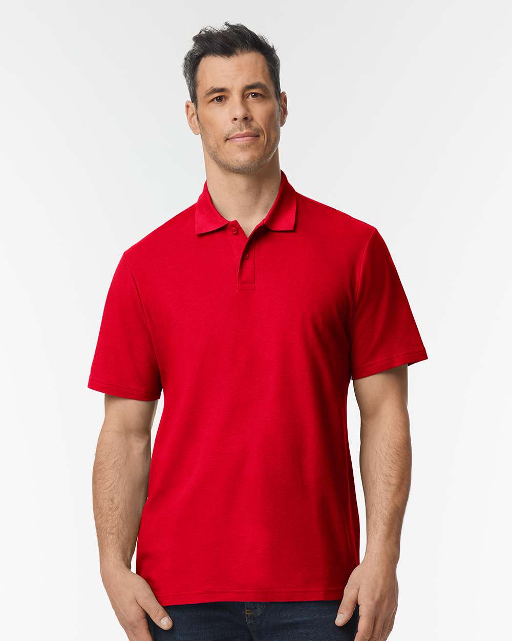 Men's Softstyle® Pique Polo - OnModelFront - B00460713 - Cherry Red