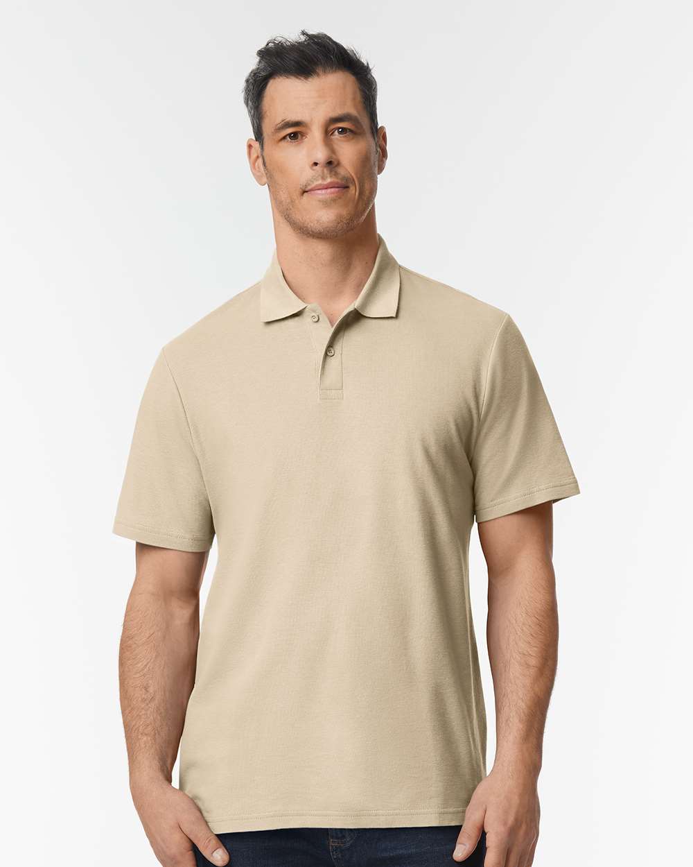Men's Softstyle® Pique Polo - OnModelFront - B00460733 - Sand