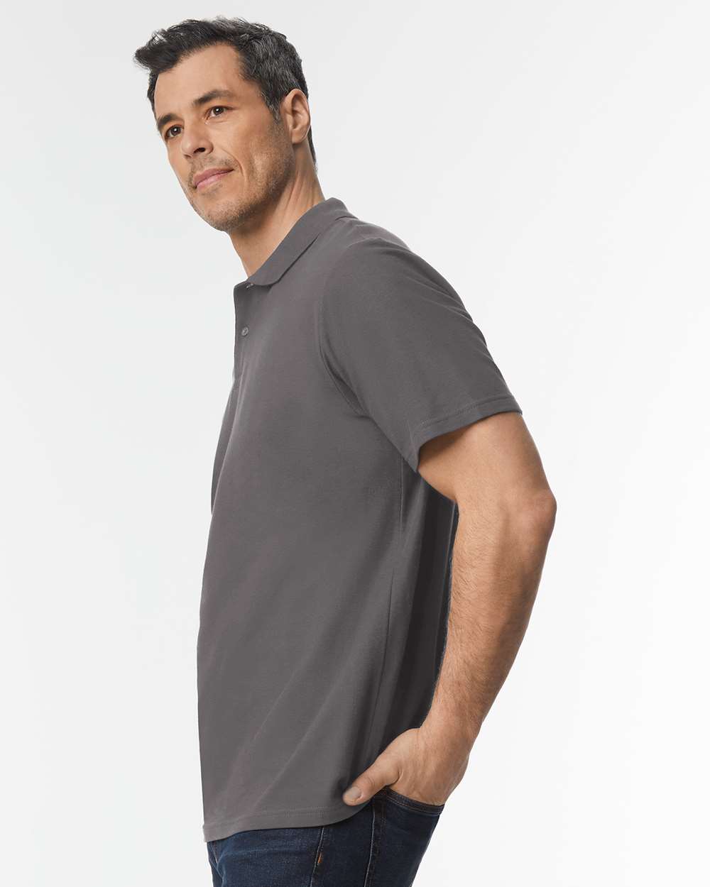 Men's Softstyle® Pique Polo - OnModelSide - B00460093 - Charcoal