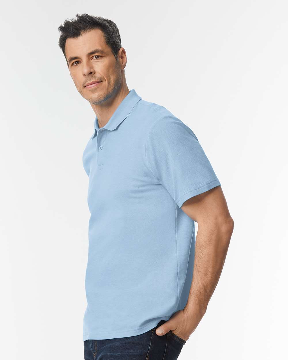 Men's Softstyle® Pique Polo - OnModelSide - B00460253 - Light Blue