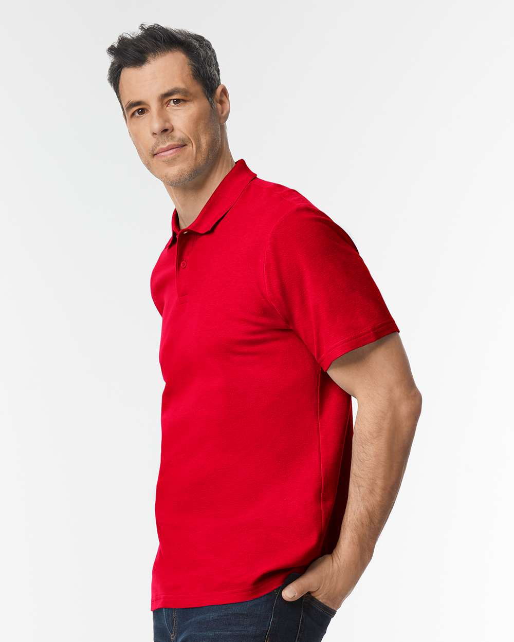 Men's Softstyle® Pique Polo - OnModelSide - B00460713 - Cherry Red