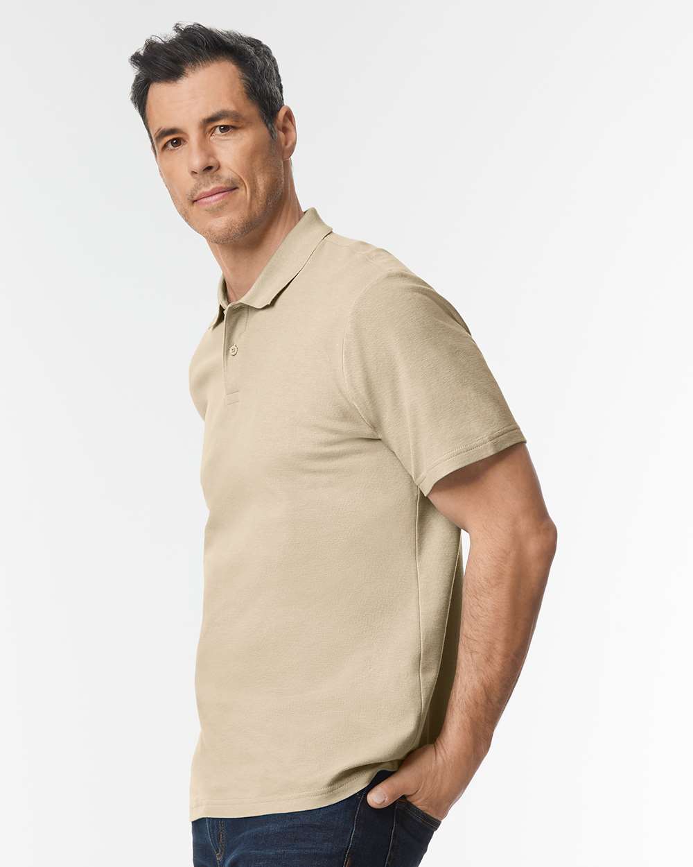 Men's Softstyle® Pique Polo - OnModelSide - B00460733 - Sand