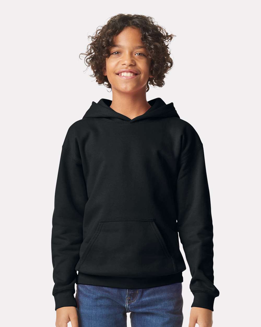 Youth Softstyle® Midweight Hooded Sweatshirt - OnModelFront - B00960502 - Black
